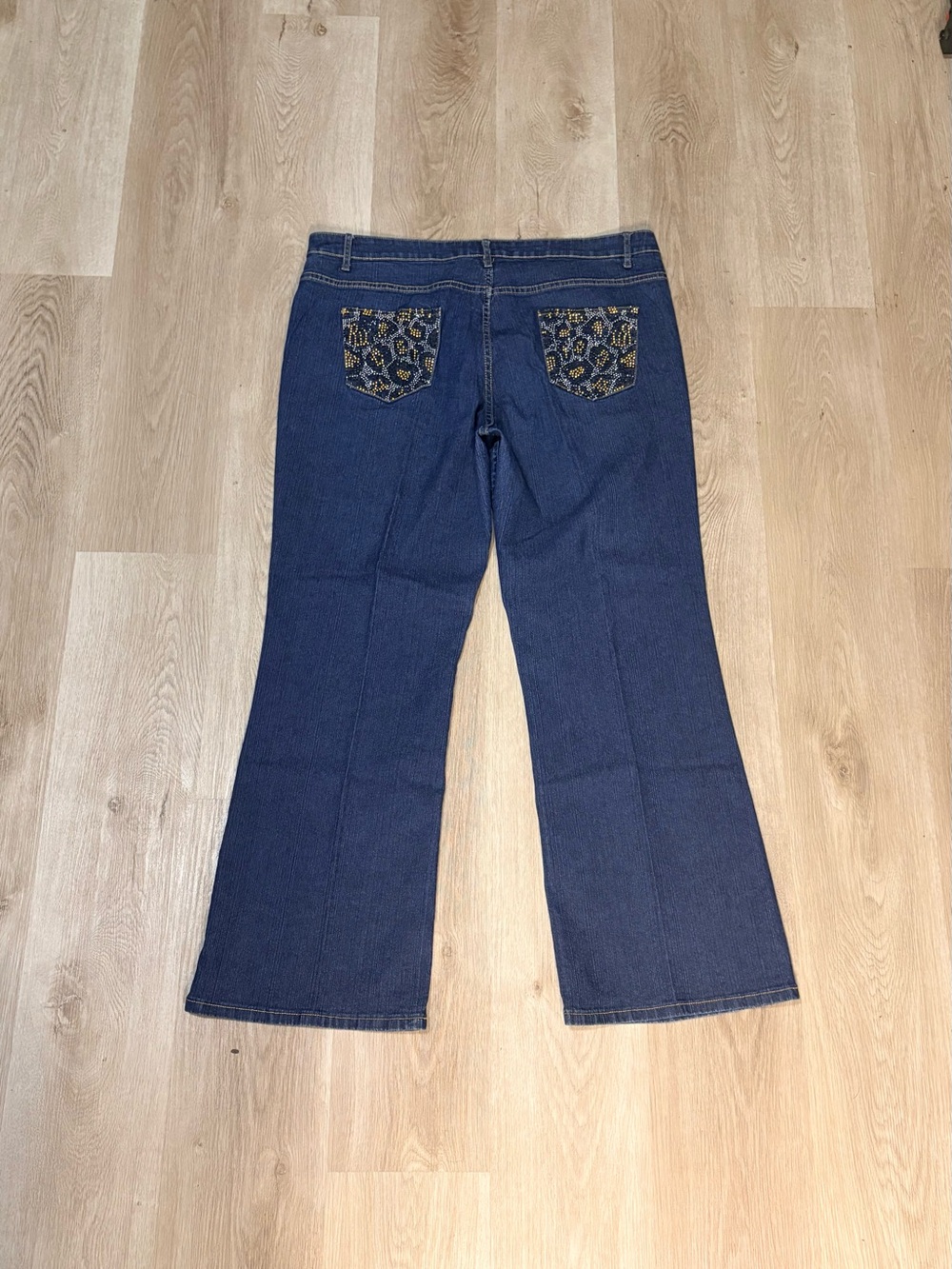 Drama Y2K High Rise Bootcut Jeans Size 18 Leopard Print Bling Festival Grunge